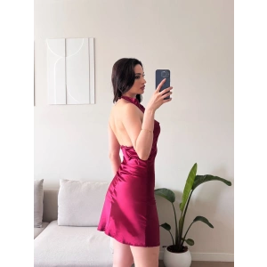 Boyun Geçmeli Saten Elbise - BORDO