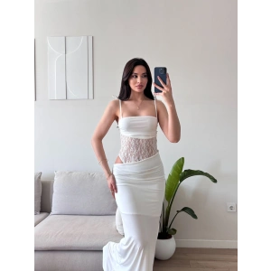 Güpür Korseli Maxi Elbise - BEYAZ