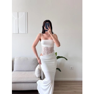 Güpür Korseli Maxi Elbise - BEYAZ