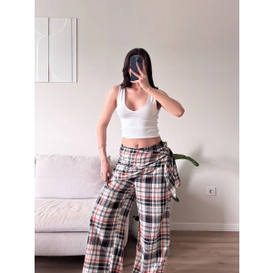 Bel Fular Ekose Pantolon - LACİVERT