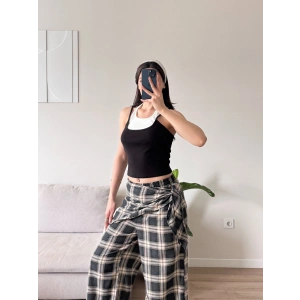 Bel Fular Ekose Pantolon - SİYAH