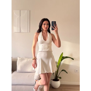 Boyun Geçmeli Bel Korse Elbise - BEYAZ