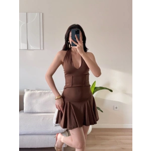 Boyun Geçmeli Bel Korse Elbise - KAHVE