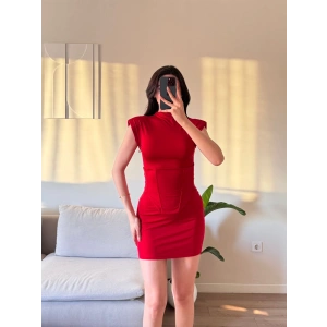Vatkalı Bel Korse Elbise - KIRMIZI