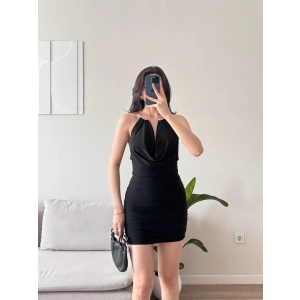 Boyun Aksesuar Degaje Mini Elbise - SİYAH