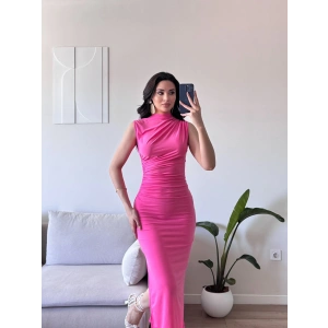 Yan Yırtmaç Drapeli Elbise - PEMBE