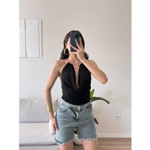 Boyun Aksesuar Degaje Bodysuit - SİYAH