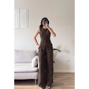 Sırt Bağlamalı Yelek Pantolon Takım - KAHVE