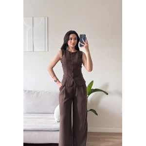Ön Düğmeli Yelek Pantolon Takım - KAHVE