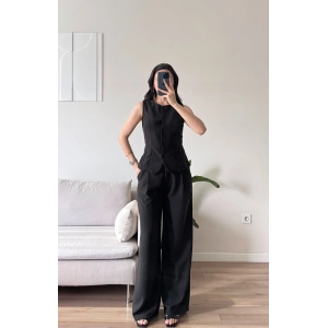 Sırt Bağlamalı Yelek Pantolon Takım - SİYAH