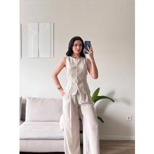 Ön Düğmeli Yelek Pantolon Takım - BEJ