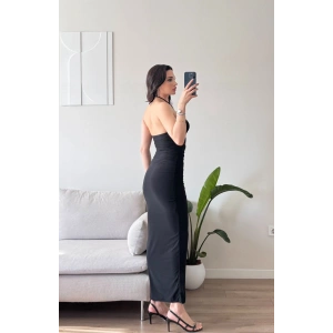 Halter Aksesuar Maxi Elbise - SİYAH