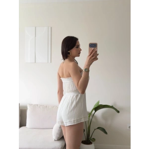 Müslin Straplez Şortlu Tulum - BEYAZ
