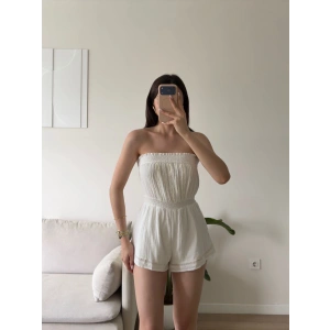 Müslin Straplez Şortlu Tulum - BEYAZ