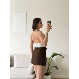 Kemerli Şort Etek - KAHVE