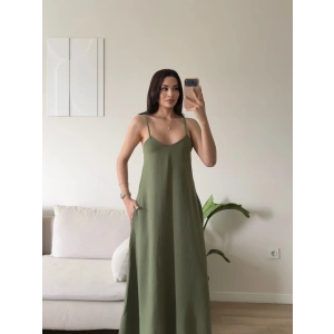 Cepli Airobin Askılı Maxi Elbise - HAKİ