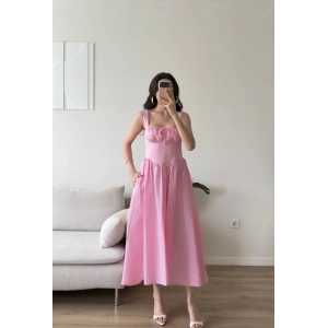 Bel Korse Askılı Prenses Elbise - PEMBE
