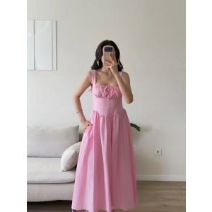 Bel Korse Askılı Prenses Elbise - PEMBE