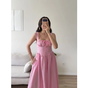 Bel Korse Askılı Prenses Elbise - PEMBE