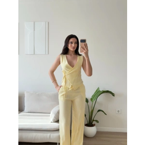 Kruvaze Bluz Pantolon Takım - SARI