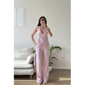 Kruvaze Bluz Pantolon Takım - PEMBE