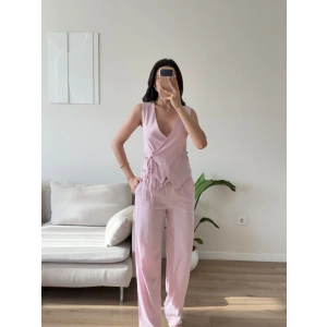 Kruvaze Bluz Pantolon Takım - PEMBE