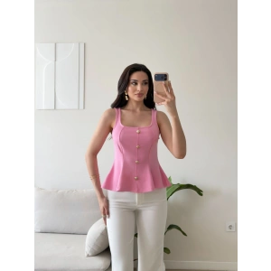 Volanlı Düğmeli Bluz - PEMBE