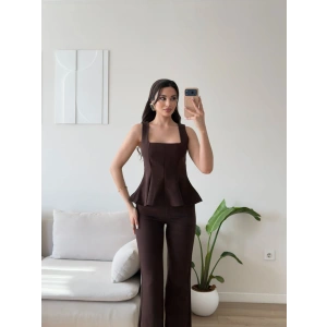 Premium Volanlı Pantolon Takım - KAHVE