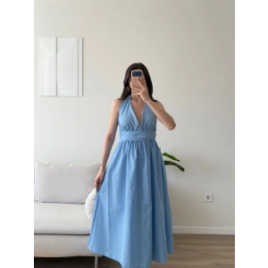 Boyun Bağlamalı Poplin Elbise - MAVİ