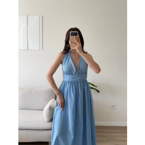 Boyun Bağlamalı Poplin Elbise - MAVİ