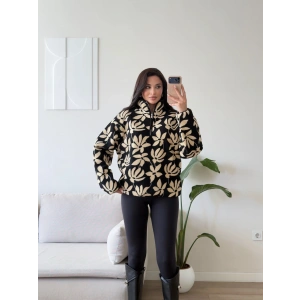 Retro Peluş Fermuar Sweat - ÇİÇEK DESEN
