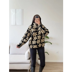 Retro Peluş Fermuar Sweat - ÇİÇEK DESEN
