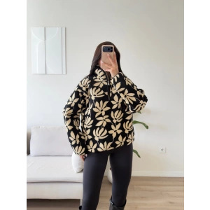 Retro Peluş Fermuar Sweat - ÇİÇEK DESEN