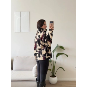 Retro Peluş Fermuar Sweat - BORDO DESEN