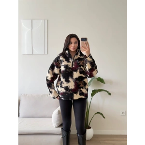 Retro Peluş Fermuar Sweat - BORDO DESEN