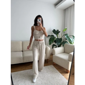 Aksesuar Biyeli Crop & Pantolon Takım - BEJ