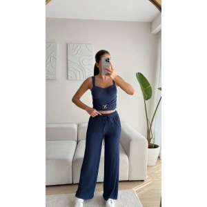 Aksesuar Biyeli Crop & Pantolon Takım - LACİVERT