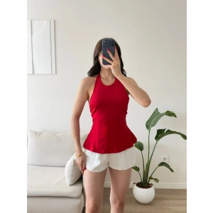 Alessa Sırt Dekolteli Peplum Bluz - KIRMIZI