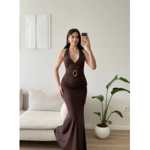 Arina Halter Aksesuar Elbise - KAHVE
