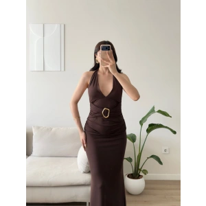 Arina Halter Aksesuar Elbise - KAHVE