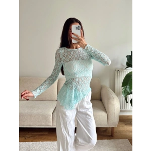 Asimetrik Dantel Bluz - MAVİ