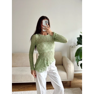 Asimetrik Dantel Bluz - YEŞİL