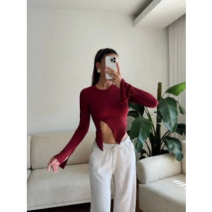 Asimetrik Yırtmaçlı Crop - BORDO