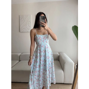 Askılı Çiçek Jessica Elbise - MAVİ