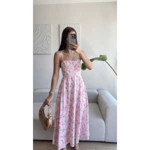 Askılı Çiçek Jessica Elbise - PEMBE