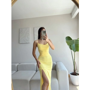 Askılı Derin Yırtmaç Elbise - SARI