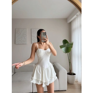 Askılı Fırfır Detay Volanlı Elbise - BEYAZ