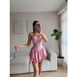 Askılı Fırfır Detay Volanlı Elbise - PUDRA