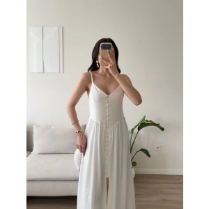 Askılı Önü Düğmeli Çilek Elbise - BEYAZ