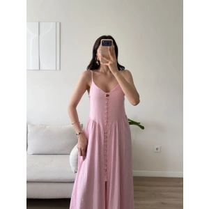 Askılı Önü Düğmeli Çilek Elbise - PEMBE